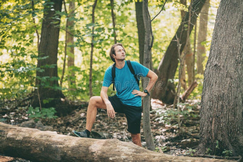 Hiking man hiker walking in forest woods trail looking up searching for bird watching leisure activity in summer nature