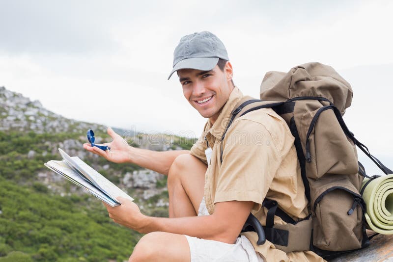 Hiking Man with Map on Mountain Terrain Stock Image - Image of side ...