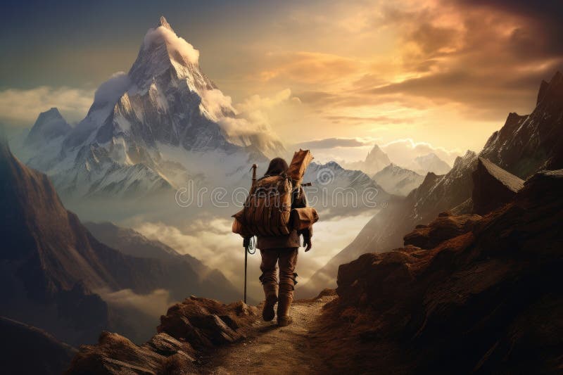 Hiking in the mountains with a backpack. 3d render, Hiker on the way to the mountains, royalty free illustration.