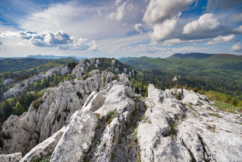 Sentiero che porta attraverso il carso, deserto, eroso cime calcaree circondato da una foresta, in Bijele stijene riserva naturale, Croazia.