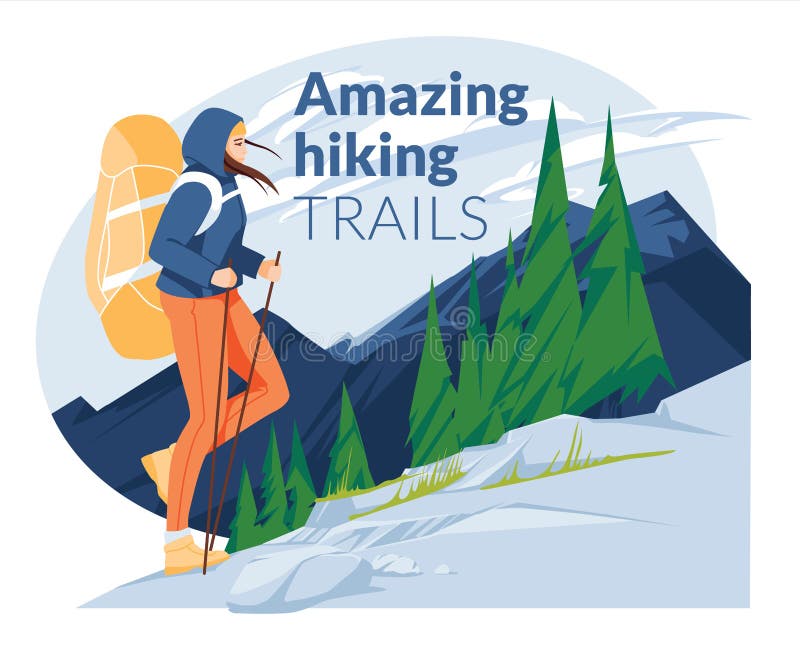 Hiking poster. A young girl climbs a mountain with a backpack on the background of a mountain landscape with a coniferous forest. vector illustration