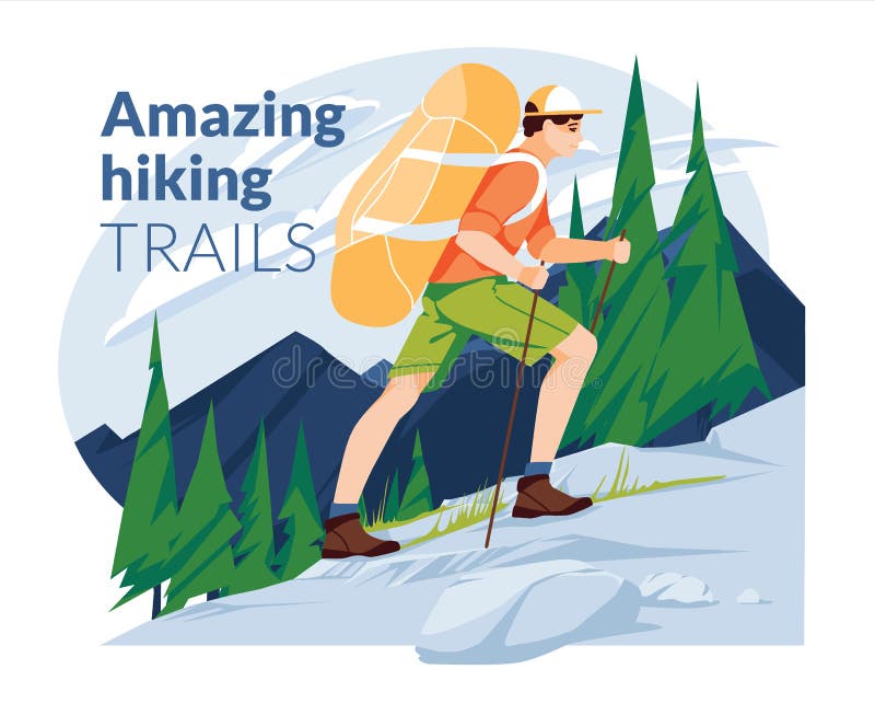 Hiking poster. A young man climbs a mountain with a backpack on the background of a mountain landscape with a coniferous forest. vector illustration