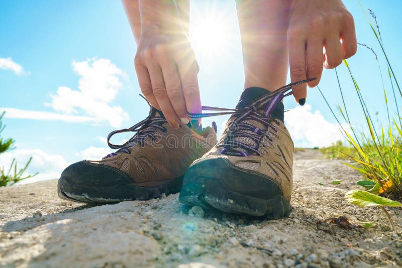 Hiking Shoes - Woman Tying Shoe Laces Stock Photo - Image of outside ...