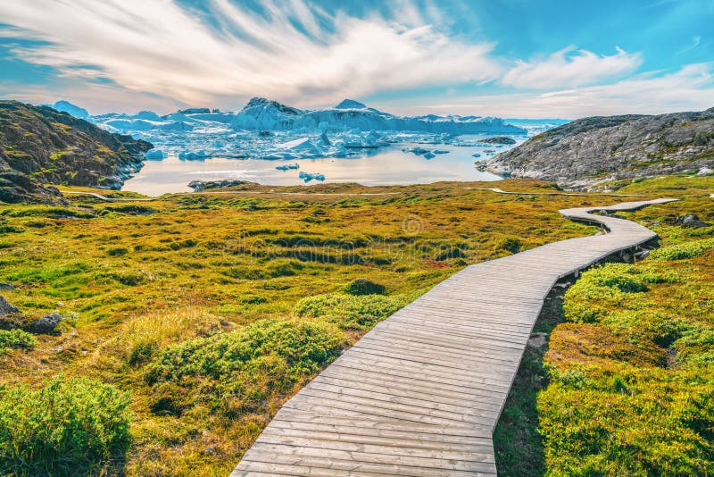 Hiking trail path in Greenland arctic nature landscape with icebergs in Ilulissat icefjord. Photo of scenery ice and iceberg in Greenland in summer.