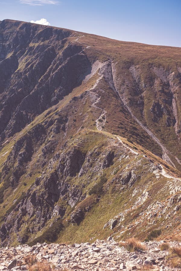 Hiking trail on top of the mountain. Tatra, Slovakia - vintage r