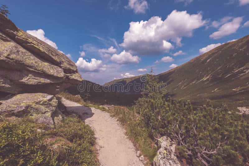 Hiking trail on top of the mountain. Tatra, Slovakia - vintage r