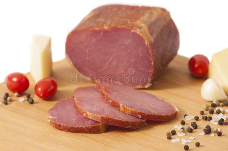 Hikora dymił wieprzowiny loin - Kanadyjski bekon lub Pecenica zdjęcia stock Hikora dymił wieprzowiny loin - Kanadyjski bekon lub Pecenica zdjęcia stock