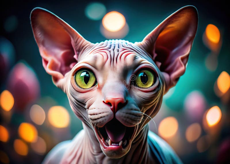 A Hilarious Long Exposure Portrait of a Sphynx Cat with Wide Eyes and an Open Mouth A Unique stock illustration