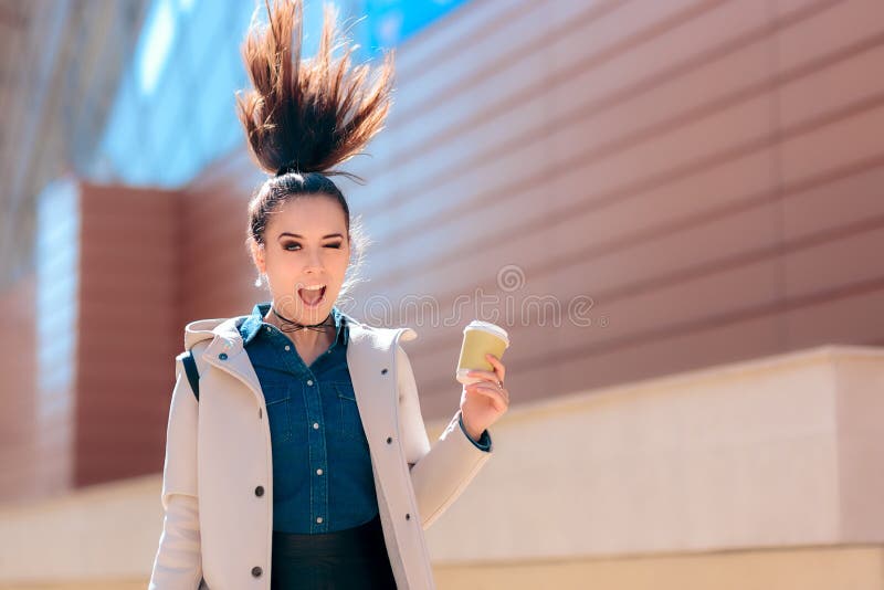 Funny Girl with Hot Drink Coffee Cup For Extra Morning Energy stock images Funny Girl with Hot Drink Coffee Cup For Extra Morning Energy stock images