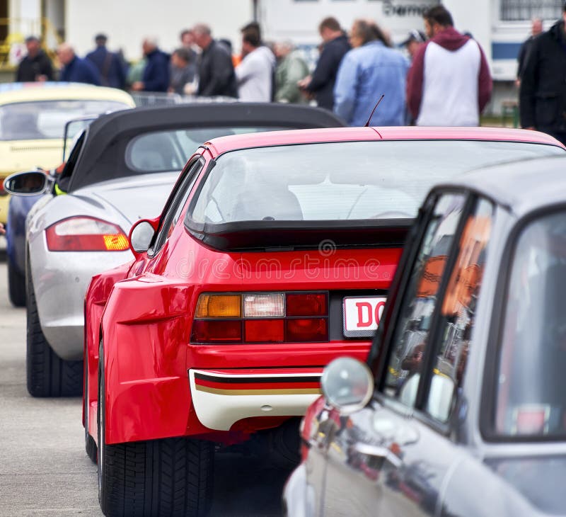 Hildesheim, Germany, May 21, 2022: View from the back of the cars at the pre-start line-up for a race with classic cars