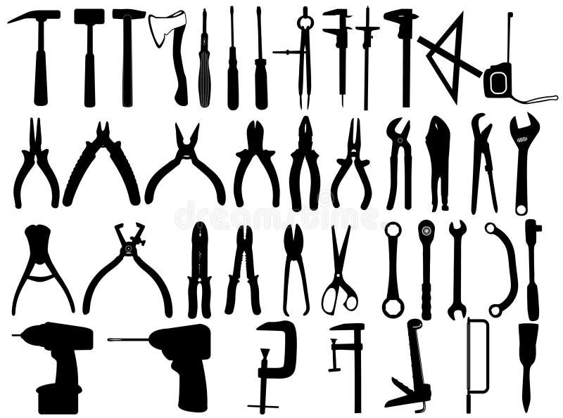 Illustration of tools icons, black. Illustration of tools icons, black