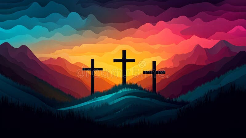 A hill is the setting for three dark crosses that rise against a multicolored triangular geometric patterned sky royalty free stock images