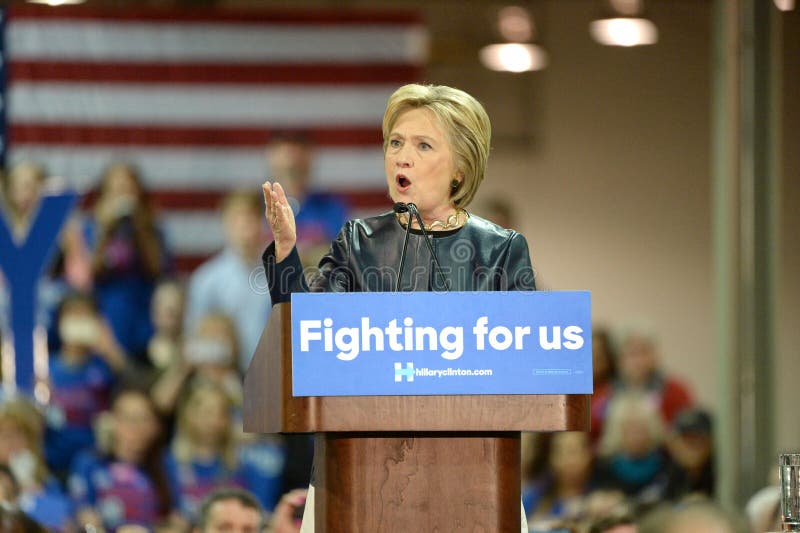 Saint Louis, MO, USA â€“ March 12, 2016: Democratic presidential candidate and former Secretary of State Hillary Clinton campaigns at Nelson-Mulligan Carpentersâ€™ Training Center in St. Louis. Saint Louis, MO, USA â€“ March 12, 2016: Democratic presidential candidate and former Secretary of State Hillary Clinton campaigns at Nelson-Mulligan Carpentersâ€™ Training Center in St. Louis.