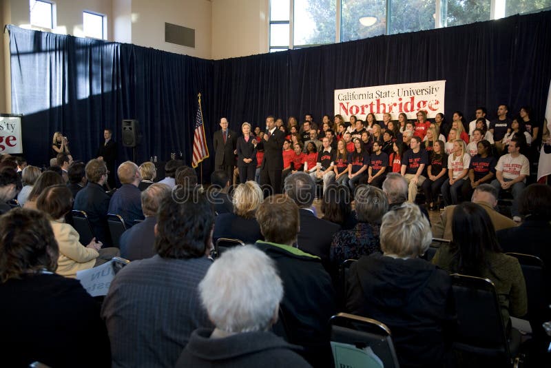 Northridge, CA January 17, 2008: Presidential candidate Senator Hillary Clinton with Los Angeles Mayor, Antonia Villaraigosa and Congressman Brad Sherman at a rally at California State University Northridge (CSUN). Northridge, CA January 17, 2008: Presidential candidate Senator Hillary Clinton with Los Angeles Mayor, Antonia Villaraigosa and Congressman Brad Sherman at a rally at California State University Northridge (CSUN).