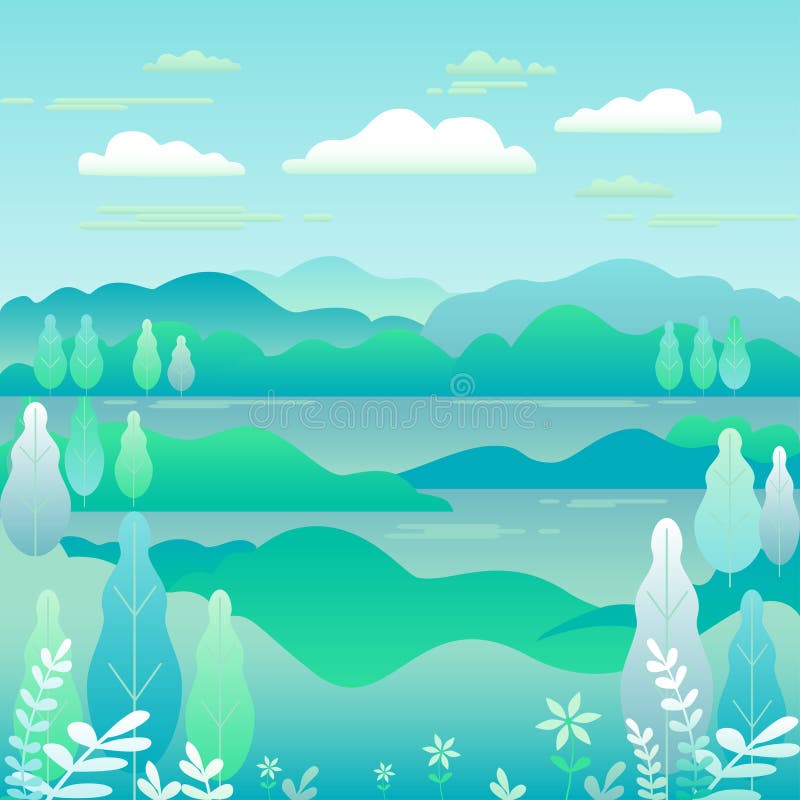 Hills landscape in flat style design. Valley with lake background. Beautiful green fields, meadow, mountains and blue sky. Rural