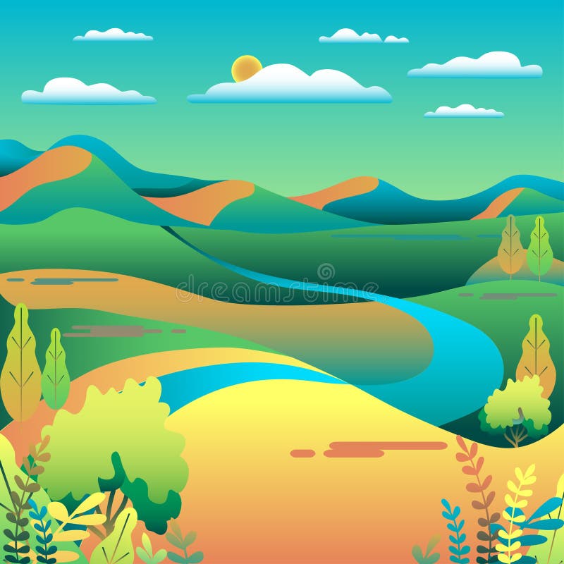 Hills and mountains landscape in flat style design. Valley background. Beautiful green fields, meadow, and blue sky. Rural