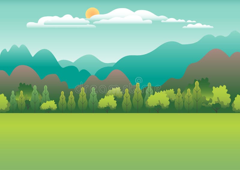 Hills and mountains landscape in flat style design. Valley background. Beautiful green fields, meadow, and blue sky. Rural