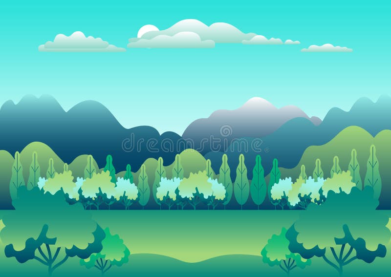 Hills and mountains landscape in flat style design. Valley background. Beautiful green fields, meadow, and blue sky. Rural