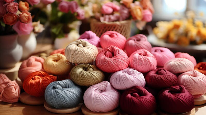 Hilos para tejer y bordar artesanías de diferentes colores en soportes de madera. colores suaves. foto para cartel ilustración del vector