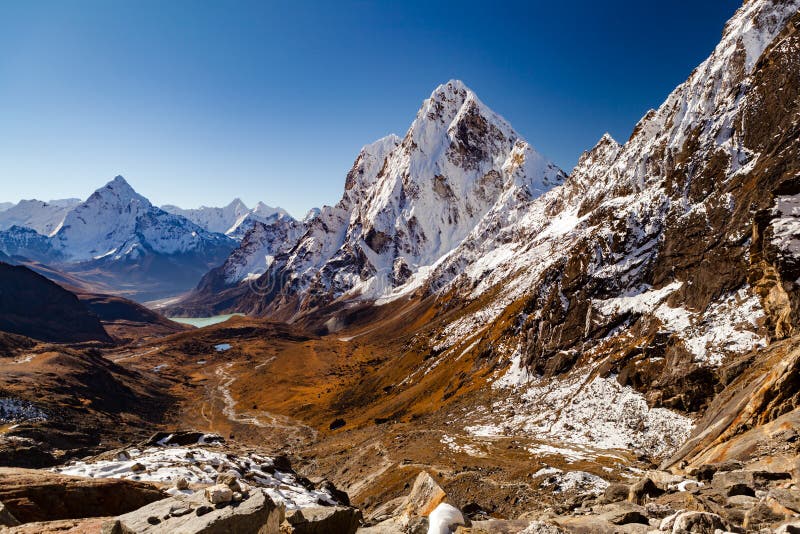 Himalaya Beautiful Mountain Peaks from Cho La Pass, Inspirational Autumn Himalayas Landscape in Everest National Park, Travel Nepal. Himalaya Beautiful Mountain Peaks from Cho La Pass, Inspirational Autumn Himalayas Landscape in Everest National Park, Travel Nepal.