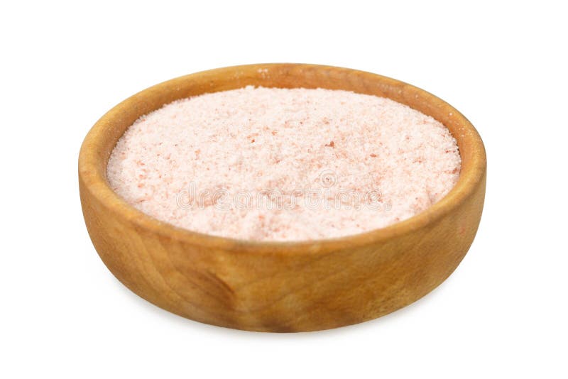 Himalayan salt in wooden bowl isolated on white stock photos