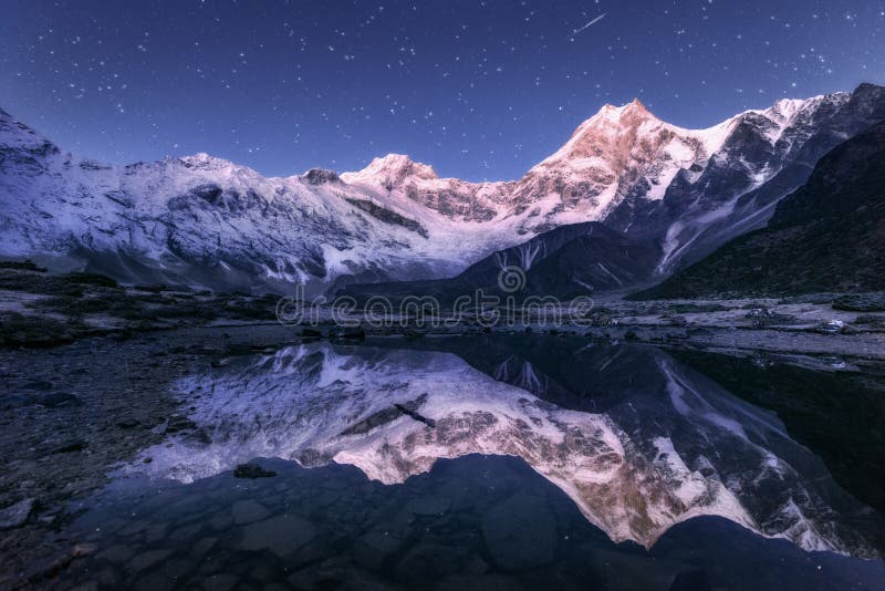 Himalayn mountains and mountain lake at starry night in Nepal