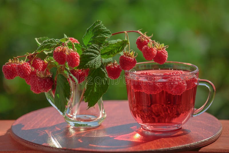 Himbeergetränk und ein Blumenstrauß von Zweighimbeeren zusammen mit Beeren stockbild Himbeergetränk und ein Blumenstrauß von Zweighimbeeren zusammen mit Beeren stockbild