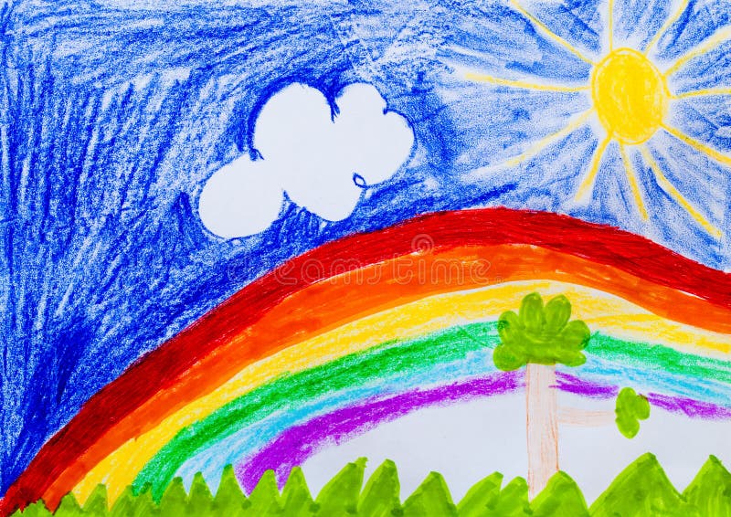 Himmel und Regenbogen Sun und Bäume Zeichnung eines Vaters und des Sohns vektor abbildung Himmel und Regenbogen Sun und Bäume Zeichnung eines Vaters und des Sohns vektor abbildung