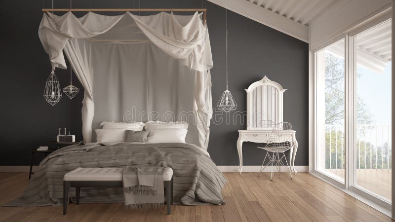 Canopy bed in minimalistic white and gray bedroom with big window, scandinavian classic interior design. Canopy bed in minimalistic white and gray bedroom with big window, scandinavian classic interior design