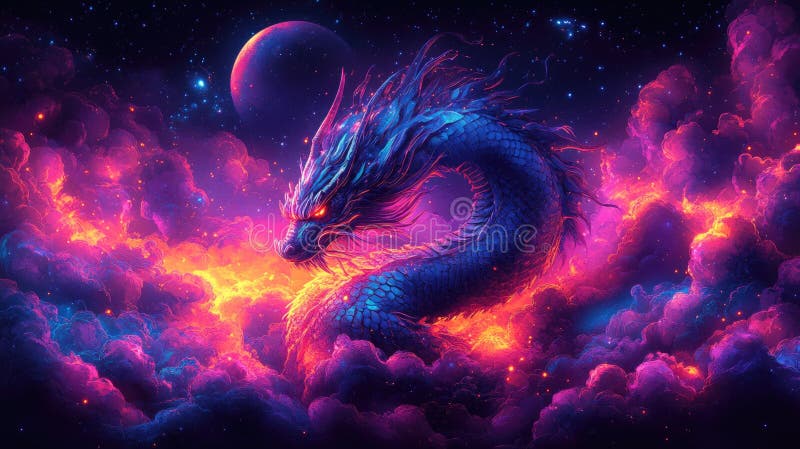 Himmelsdrache stürzen durch lebendige kosmische Wolken unter einem Sternenhimmel. glückliches chinesisches Jahr lizenzfreie stockfotografie