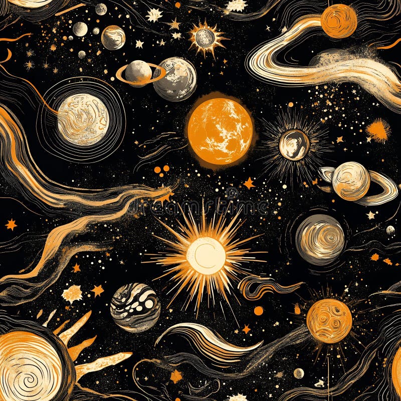 Himmelsgalaxie Muster Nahtlose Design Gold Planeten Sterne Hintergrund. Generative AI