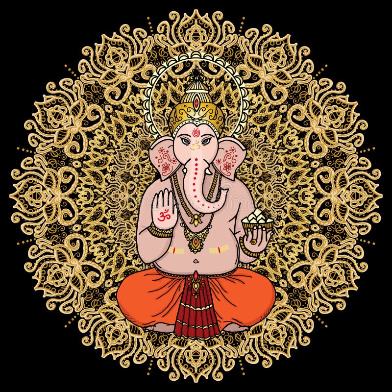 Hindu god Ganesha on a gold mandala background. Sign OM on his h