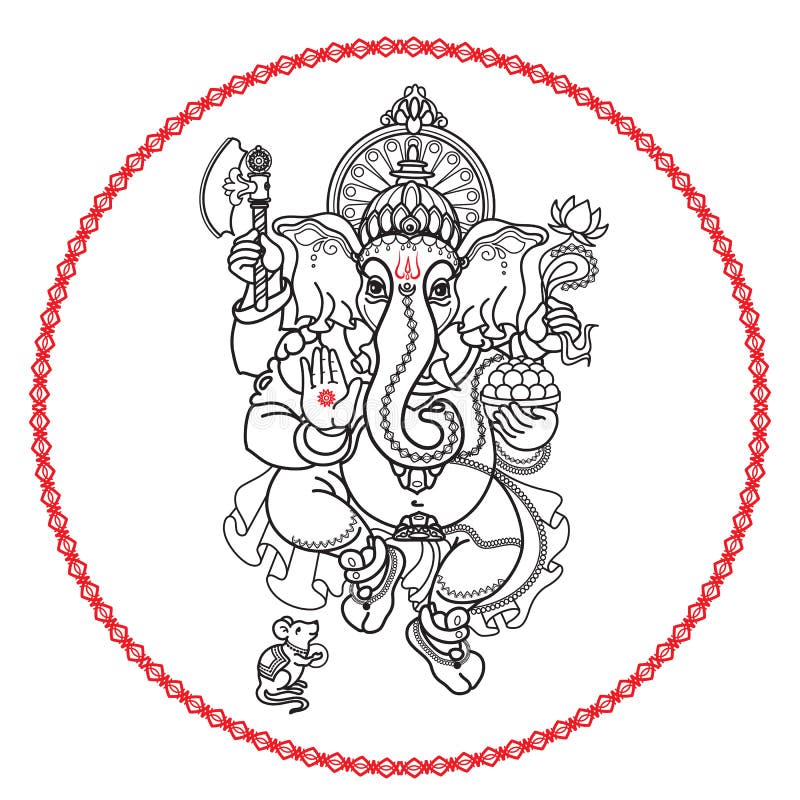 Indian wedding card clip art Lord Ganesha with shiv style. God Ganpati line  art black and white clip art for screen printing. Monochrome clip art black  and white line drawing Gajananda. Stock