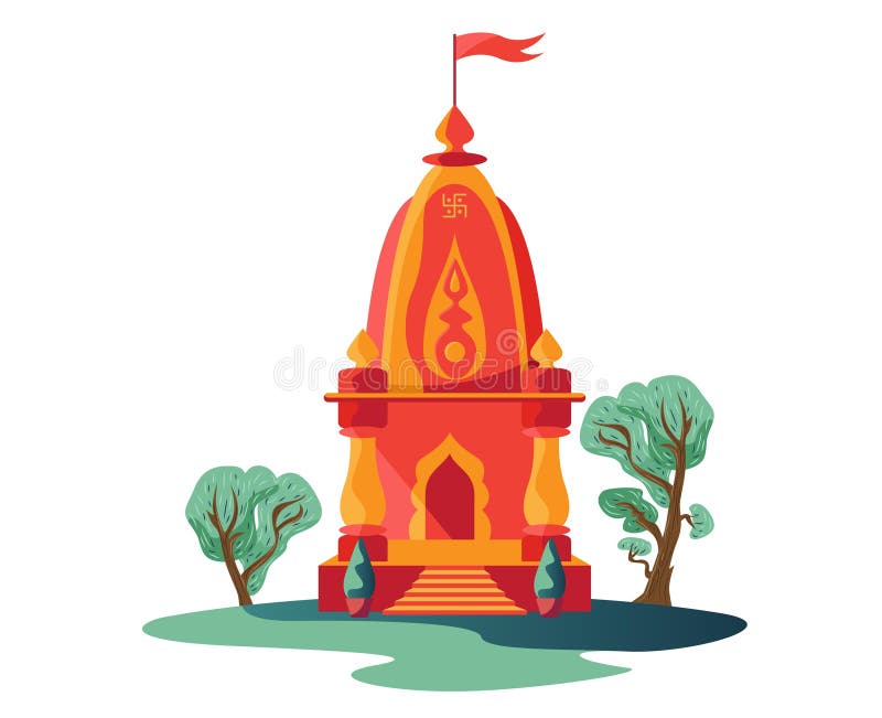 Hinduisk liten tempel med flaggan och träd