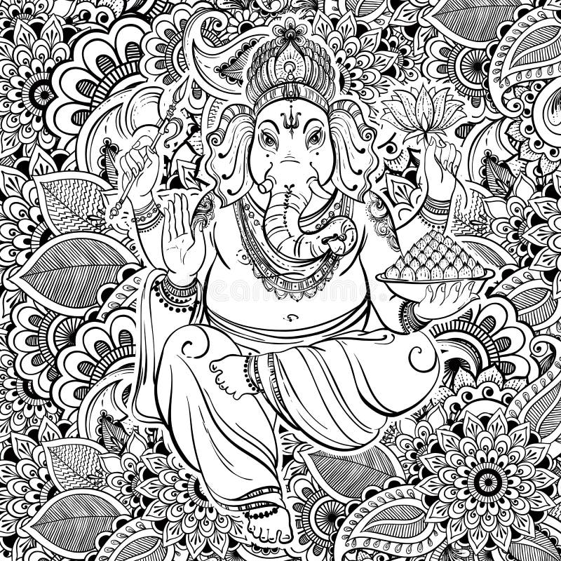 Hinduiska Lord Ganesha över utsmyckad zentanglemodell också vektor för coreldrawillustration Hand dragen inspirerad bakgrundszent