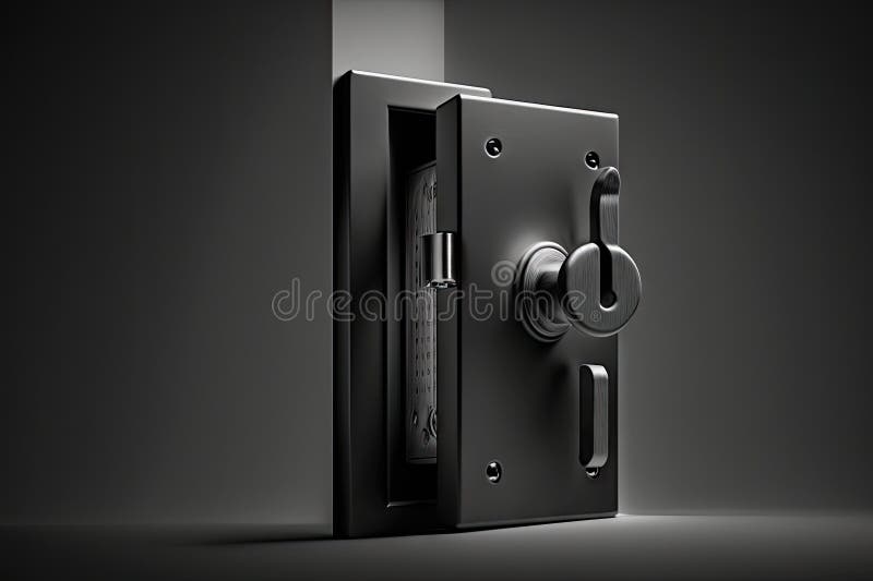 Hinged door lock in a closed position, with a keyhole visible stock illustration