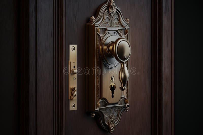 Hinged door lock in a closed position, with a keyhole visible vector illustration