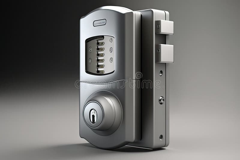 Hinged door lock with key and combination or biometric security options stock illustration