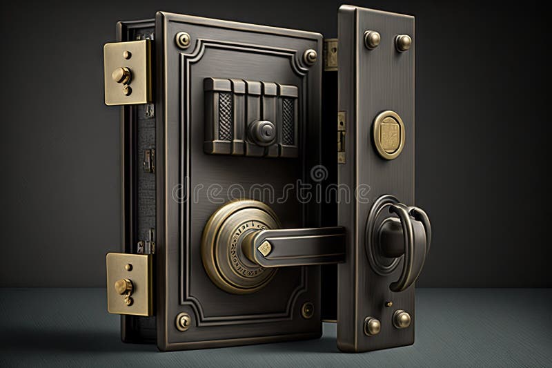 Hinged door lock with keyhole, for added security stock illustration