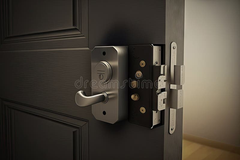 Hinged door lock without keyhole, with invisible mechanical part for maximum security royalty free illustration
