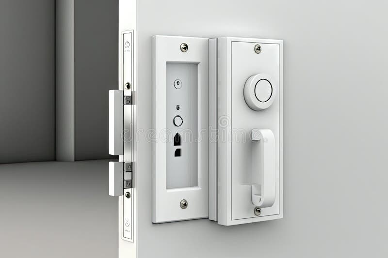 Hinged door lock without keyhole, with invisible mechanical part for maximum security stock illustration