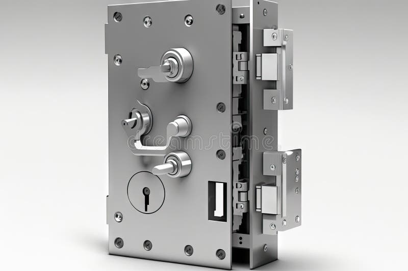 Hinged door lock without keyhole, with invisible mechanical part for maximum security vector illustration