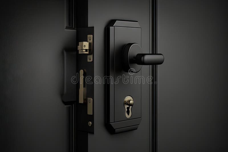 Hinged door lock, with keyhole and key, in sleek black color vector illustration