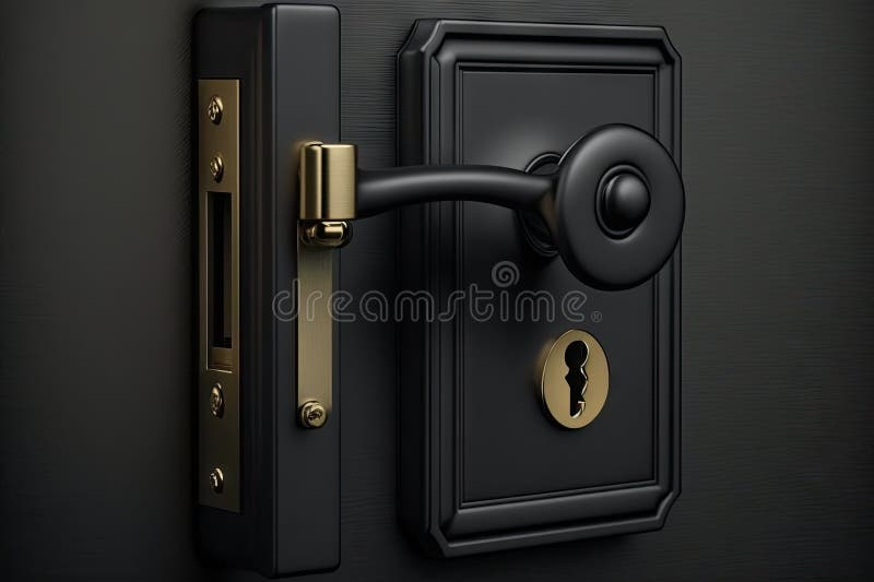 Hinged door lock, with keyhole and key, in sleek black color stock illustration