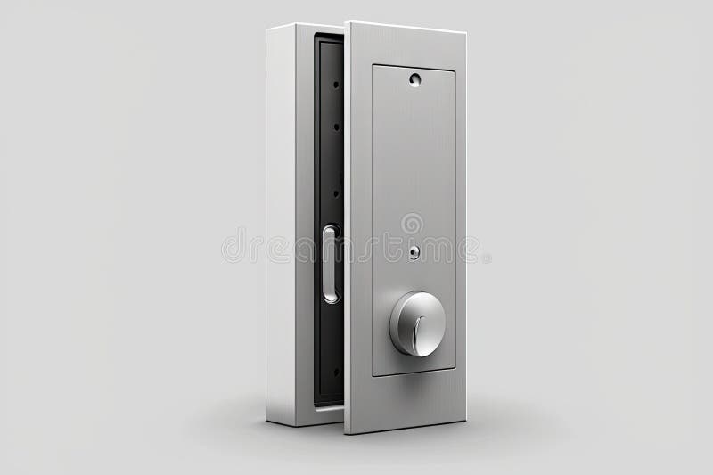 Hinged door lock with sleek and simple design, featuring horizontal handle and vertical keyhole stock illustration