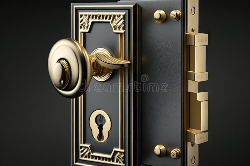 Hinged door lock with solid brass keyhole and handle stock illustration