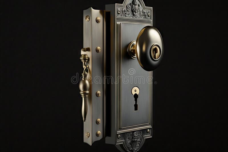 Hinged door lock with solid brass keyhole and handle vector illustration