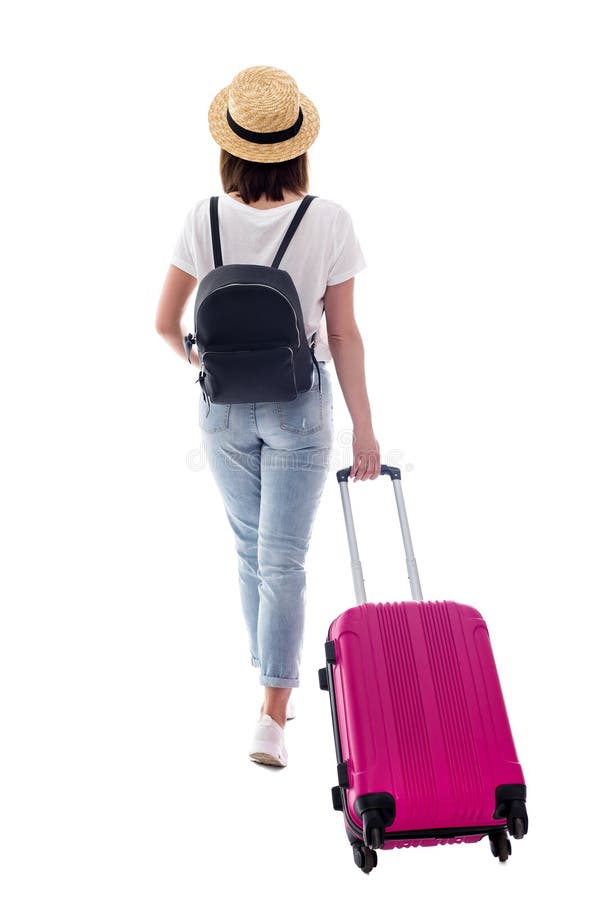 Hintere Ansicht des weiblichen Touristen gehend mit dem Koffer lokalisiert auf Weiß lizenzfreies stockfoto Hintere Ansicht des weiblichen Touristen gehend mit dem Koffer lokalisiert auf Weiß lizenzfreies stockfoto