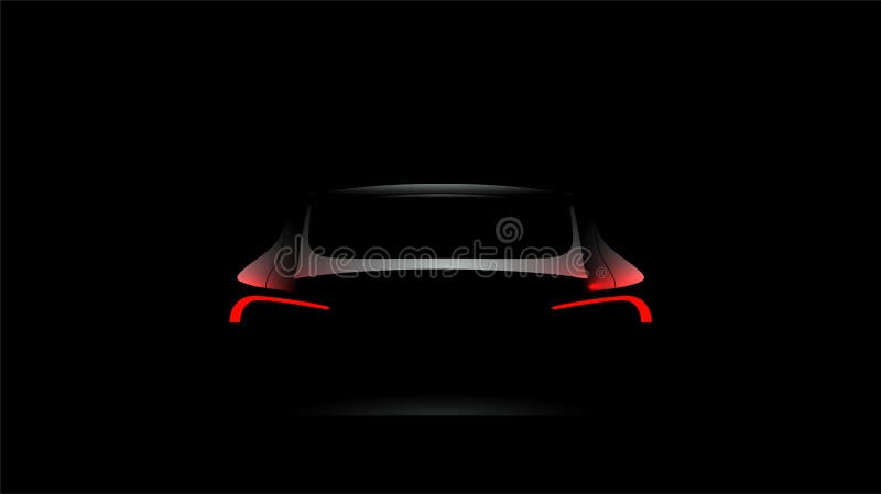 Hinteres Autoschattenbild mit hinteren roten Ampel auf dunkler schwarzer Hintergrundtapeten-Fahnenschablone. Vektorillustration lizenzfreie abbildung