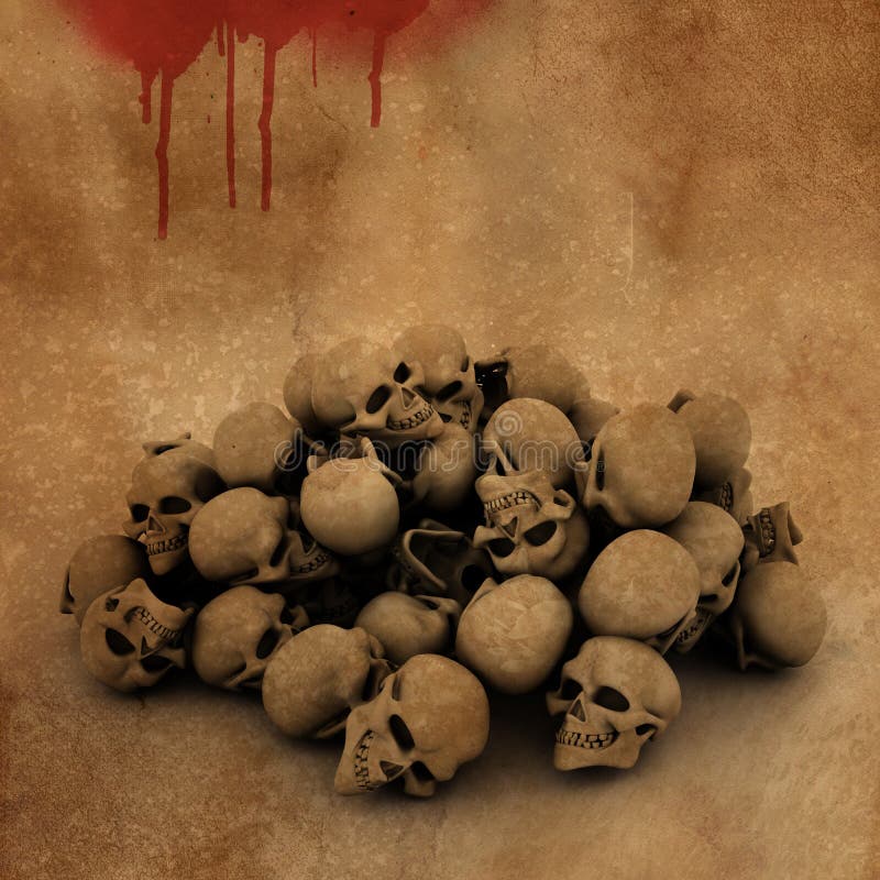 Hintergrund 3D Halloween mit Stapel von Schädeln auf blutigem Schmutz lizenzfreie abbildung Hintergrund 3D Halloween mit Stapel von Schädeln auf blutigem Schmutz lizenzfreie abbildung